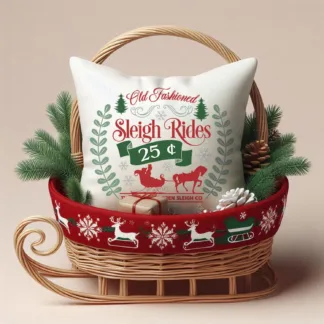 Mini Christmas Pillow: Vintage Sleigh Rides Scene, Tiered Tray Decor