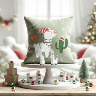 Sage Green Christmas Llama Mini Pillow: Cactus Holiday Decor