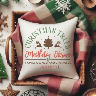 Rustic Christmas Tree Mini Pillow – “Mistletoe Farms” Vintage Holiday Decor – Tiered Tray & Miniature Display