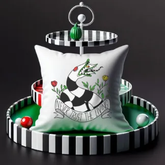 Mini Pillow “Never Trust the Living” – Beetlejuice-Inspired Halloween Mischief