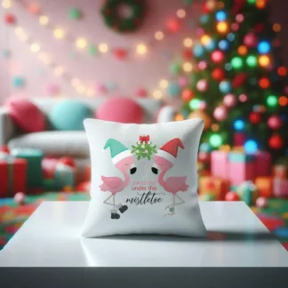 Flamingo Christmas Meet Me Under the Mistletoe Mini Pillow: Tropical Christmas Decor