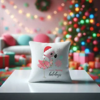 Flamingo Christmas Happy Flocking Holidays Mini Pillow: Tropical Christmas Decor
