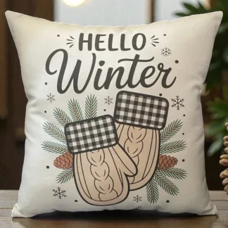 Snowy Hello Winter Christmas Mini Pillow with Buffalo Check Mittens